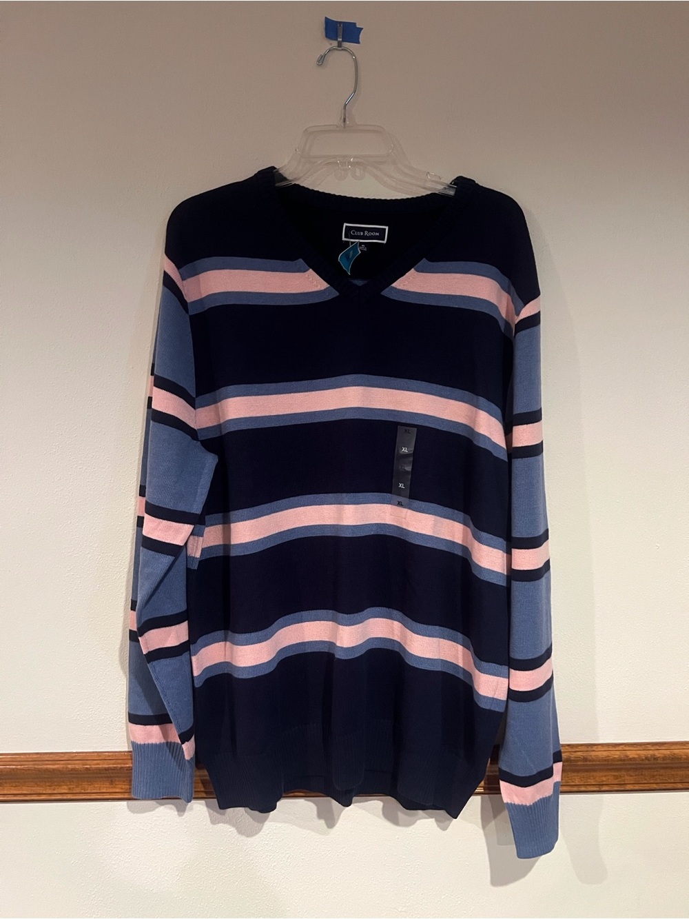 Club Room Navy V-Neck Sweater with Pink and Light Blue Stripes